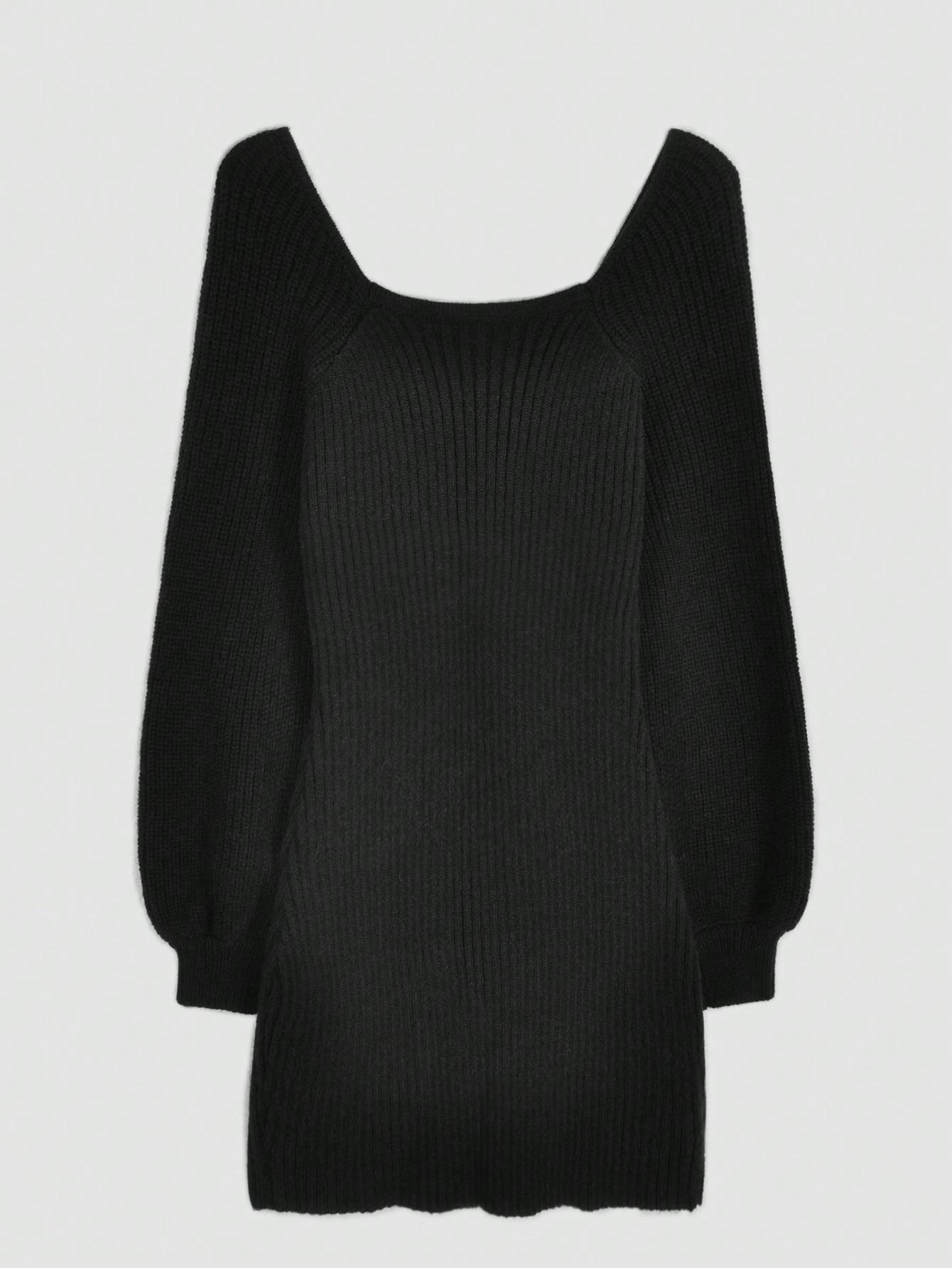 Female Elegant Solid Knit Mini Dress Woman Square Collar Long Lantern Sleeve Casual Boat Neck Bodycon Sweater Dress