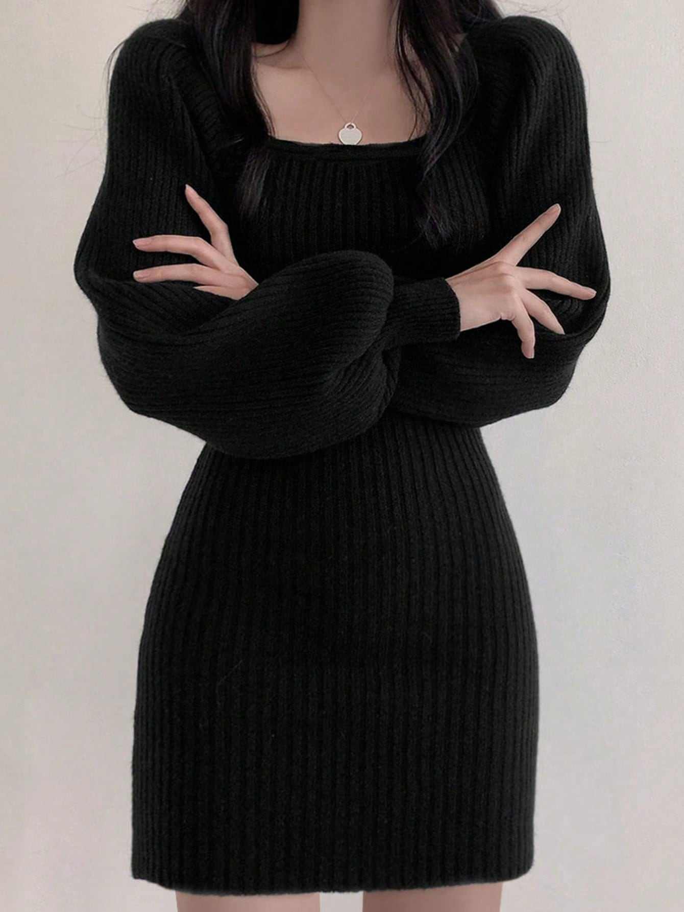 Female Elegant Solid Knit Mini Dress Woman Square Collar Long Lantern Sleeve Casual Boat Neck Bodycon Sweater Dress