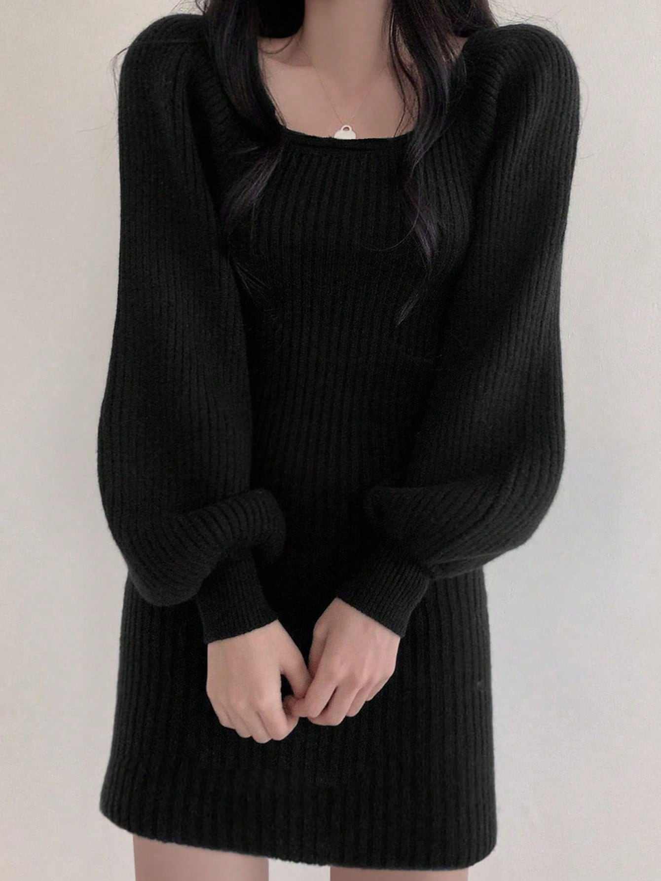 Female Elegant Solid Knit Mini Dress Woman Square Collar Long Lantern Sleeve Casual Boat Neck Bodycon Sweater Dress