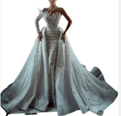 Luxury Beaded Illusion Long Sleeve Detachable Train African Women's Bride Wedding Dresses One Shoulder Bridal Wedding Gowns