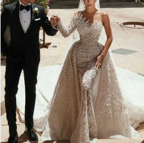 Luxury Beaded Illusion Long Sleeve Detachable Train African Women's Bride Wedding Dresses One Shoulder Bridal Wedding Gowns