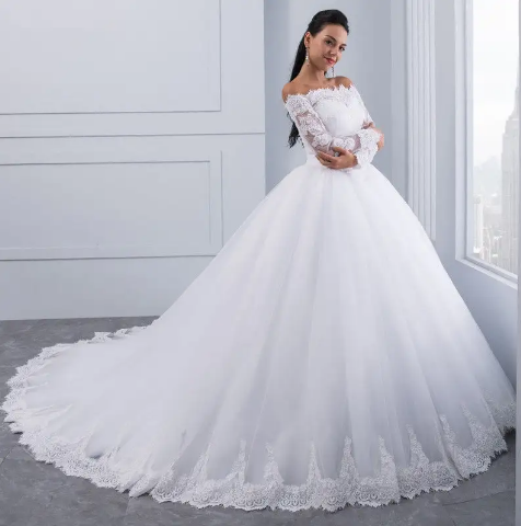 European and American Wedding Dresses 2022 New One-shoulder Long-sleeved Brides Wedding Dress Waist Temperament Thin Lace Tail