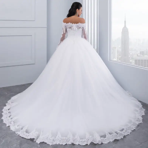 European and American Wedding Dresses 2022 New One-shoulder Long-sleeved Brides Wedding Dress Waist Temperament Thin Lace Tail