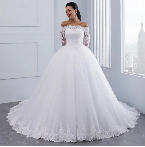 European and American Wedding Dresses 2022 New One-shoulder Long-sleeved Brides Wedding Dress Waist Temperament Thin Lace Tail