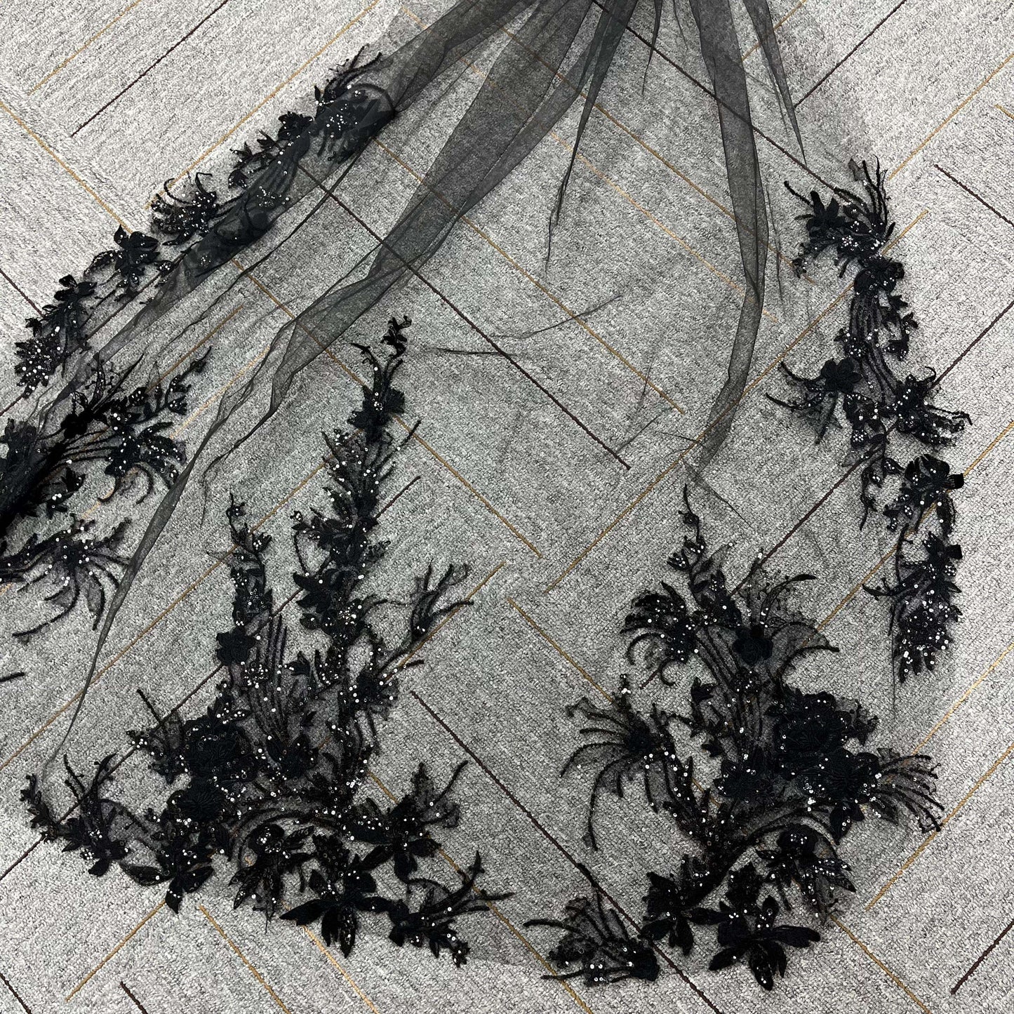 Black Bridal Wedding Dress Hand Embroidered Lace Veil Single Layer With Comb Wedding Veil