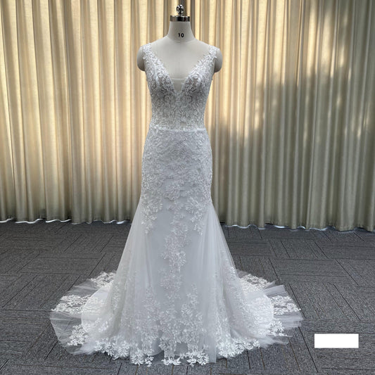 V-neck Bridal Gowns Elegant Women's Sleeveless Satin Lace Back Prom Dresses High-end Bridal Wedding Dresses