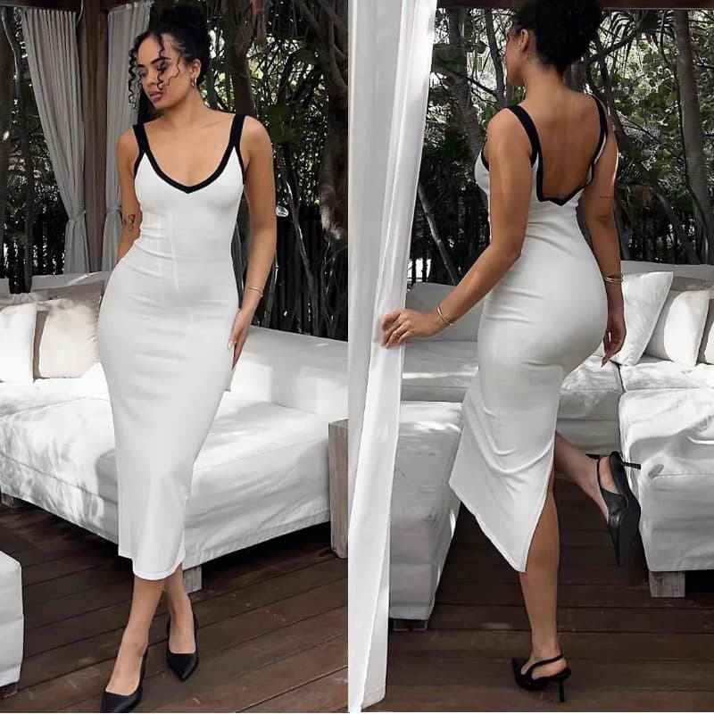 White Summer Casual Streetwear Long Maxi Tight Slit Backless V-neck Bodycon Bandage Sleeveless Sundresses Dress for Ladies Women