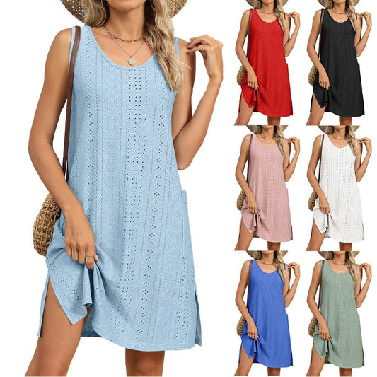 Casual Pocket Slit A-line White Black Summer Sundress Sleeveless Mini Knitted Solid Loose Mumu Vest Tank Dress for Women Lady