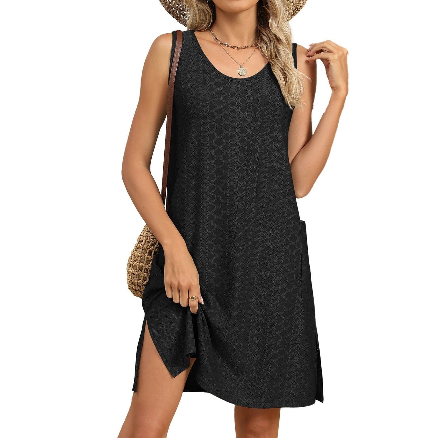 Casual Pocket Slit A-line White Black Summer Sundress Sleeveless Mini Knitted Solid Loose Mumu Vest Tank Dress for Women Lady