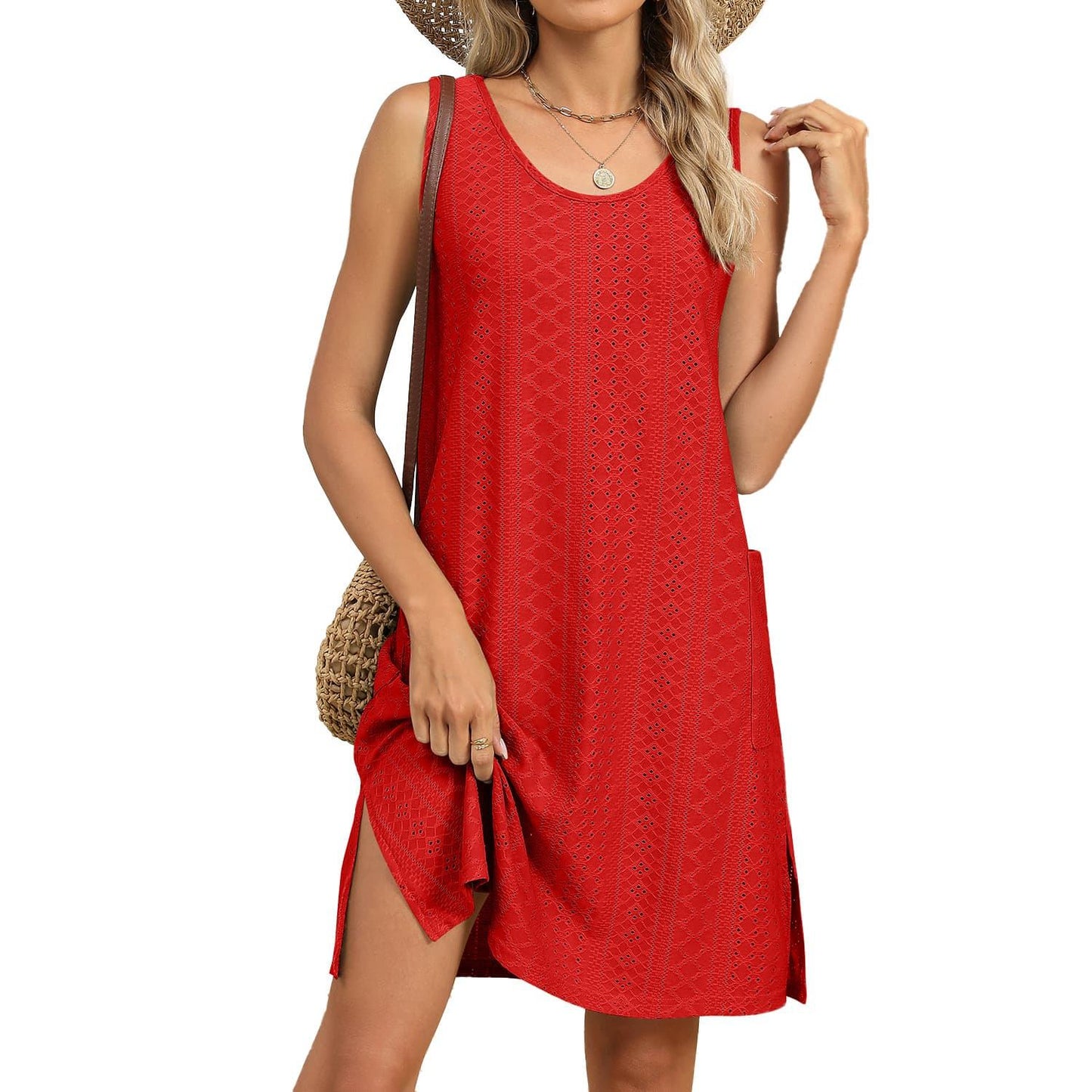 Casual Pocket Slit A-line White Black Summer Sundress Sleeveless Mini Knitted Solid Loose Mumu Vest Tank Dress for Women Lady