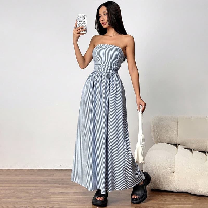 Tube Top Striped Summer Casual Ruched Waist Strapless Fit and Flare Maxi Dress with Pockets for Women