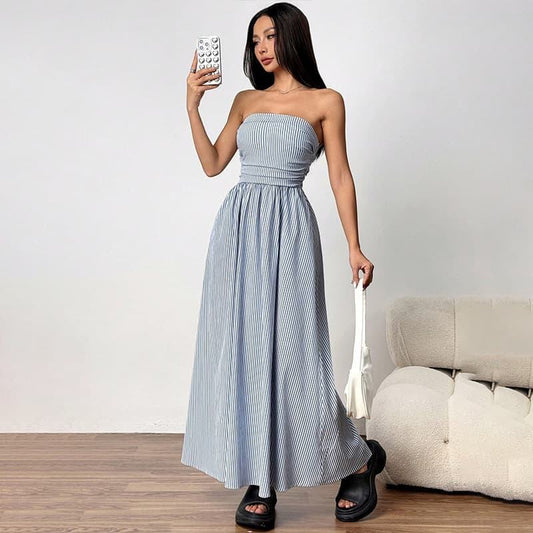 Tube Top Striped Summer Casual Ruched Waist Strapless Fit and Flare Maxi Dress with Pockets for Women