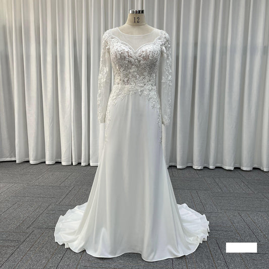 V Neck Bridal Gowns Elegant Women's Long Sleeve Satin Lace Back Prom Dresses High-end Bridal Wedding Dresses